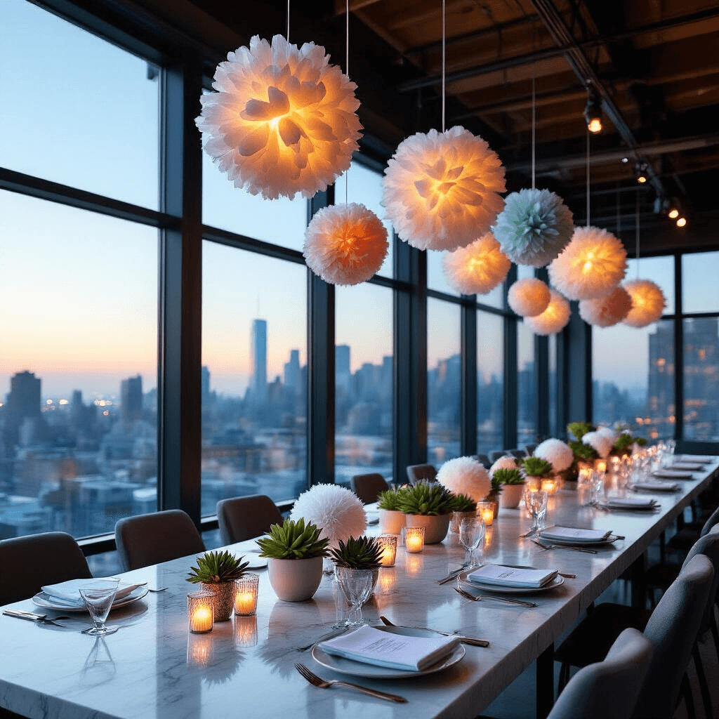 DIY Pom Pom Garland: The Ultimate Guide to Whimsical Event Styling A detail shot of a place setting at a modern corporate event, featuring a smooth marble table, metallic cutlery, and soft pom pom accents, all illuminated by cool blue dusk light filtering through floor-to-ceiling windows with a city view.