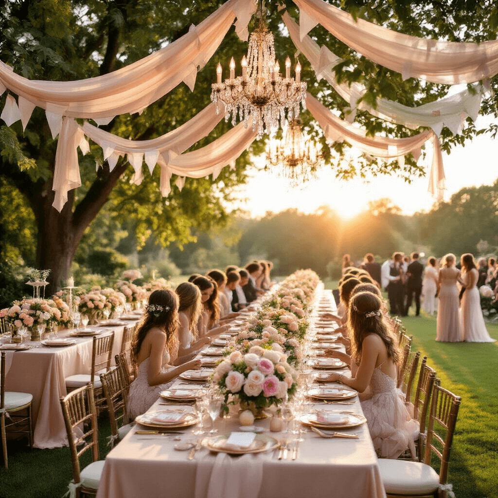 Bunting Garland: The Ultimate Event Styling Secret Weapon A romantic garden wedding reception at golden hour with long tables draped in blush silk, adorned with peonies and garden roses, delicate bunting overhead, crystal chandeliers, elegant place settings, and an ornate dessert cart filled with tiered cakes and macarons.