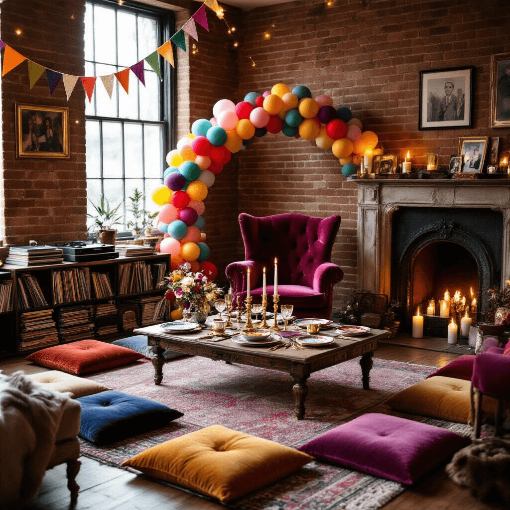 Bunting Garland: The Ultimate Event Styling Secret Weapon An intimate birthday celebration in a cozy living room with candlelight, featuring a low table with vintage china and gold cutlery, plush velvet floor cushions, colorful felt bunting, twinkling fairy lights, an ombré balloon arch, a velvet armchair, board games, and a vinyl record player, all accented by framed photos on the mantel and a warm cinnamon and vanilla scent.