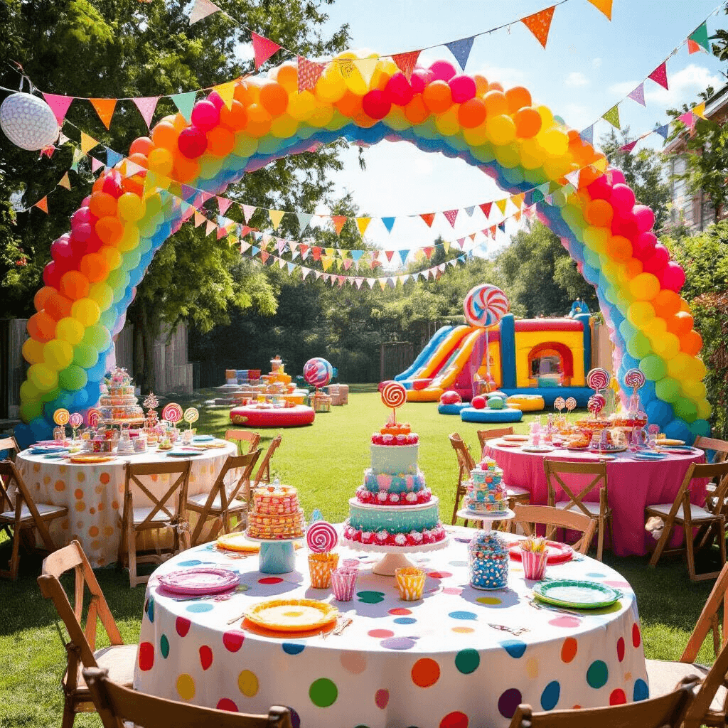 Bunting Garland: The Ultimate Event Styling Secret Weapon A vibrant children's birthday party in a sunny backyard, featuring a rainbow balloon arch, a colorful circus tent with polka dot tables, oversized lollipop centerpieces, a dessert table with a towering cake, face painting station with twinkling lights, and fun lawn games and a bounce house.