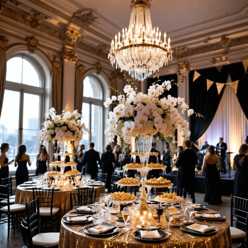 Bunting Garland: The Ultimate Event Styling Secret Weapon An elegant New Year's Eve soirée in a historic ballroom, featuring crystal chandeliers, gold sequin table linens, art deco bunting, floral arrangements, a champagne tower, and guests in glamorous attire mingling by floor-to-ceiling windows with a stage for a live band and a disco ball above the dance floor.