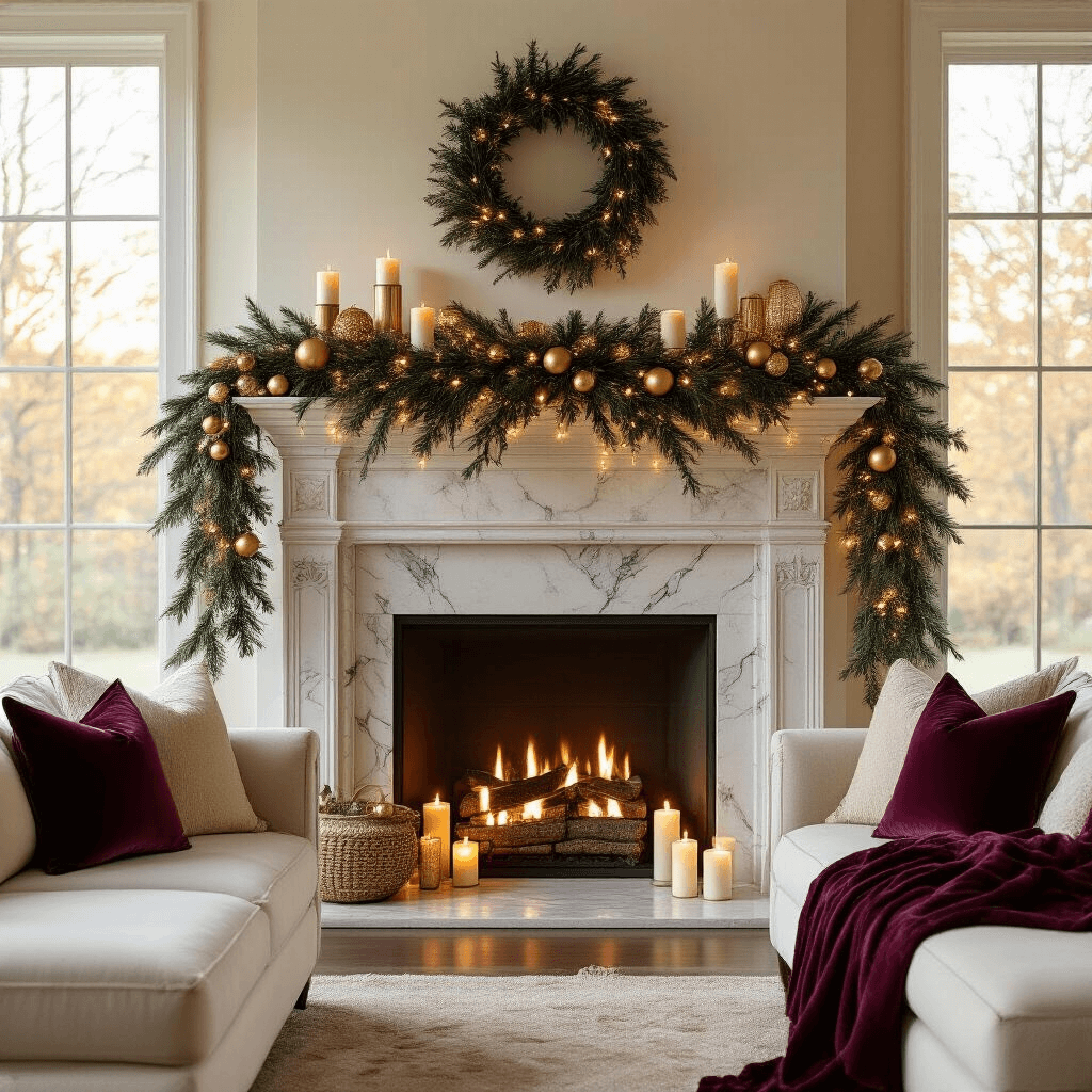 Mastering the Art of Mantle Garland: Your Ultimate Styling Guide A cozy living room with an elegant marble fireplace mantle adorned with faux evergreen garland, warm sunlight streaming through tall windows, and decorative elements like burgundy velvet ribbon and gold ornaments, all set against warm ivory walls.
