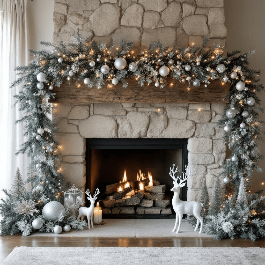 Mastering the Art of Mantle Garland: Your Ultimate Styling Guide An intimate dining room featuring a rustic wood mantle above a stone fireplace, adorned with a winter wonderland garland of frosted pine, silver ornaments, and icy blue accents, illuminated by cool-toned string lights, with sheer linen curtains softly filtering morning light.