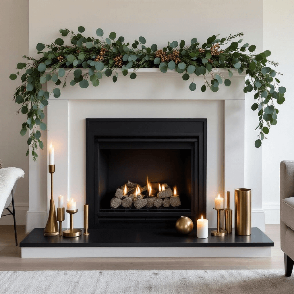 Mastering the Art of Mantle Garland: Your Ultimate Styling Guide Modern living space with a minimalist black metal fireplace, featuring a contemporary mantle decorated with eucalyptus garland and metallic copper accents, illuminated by warm candlelight and accent lighting. Geometric ornaments and neutral-toned ceramics create a balanced, uncluttered aesthetic, captured from an overhead flat lay angle.