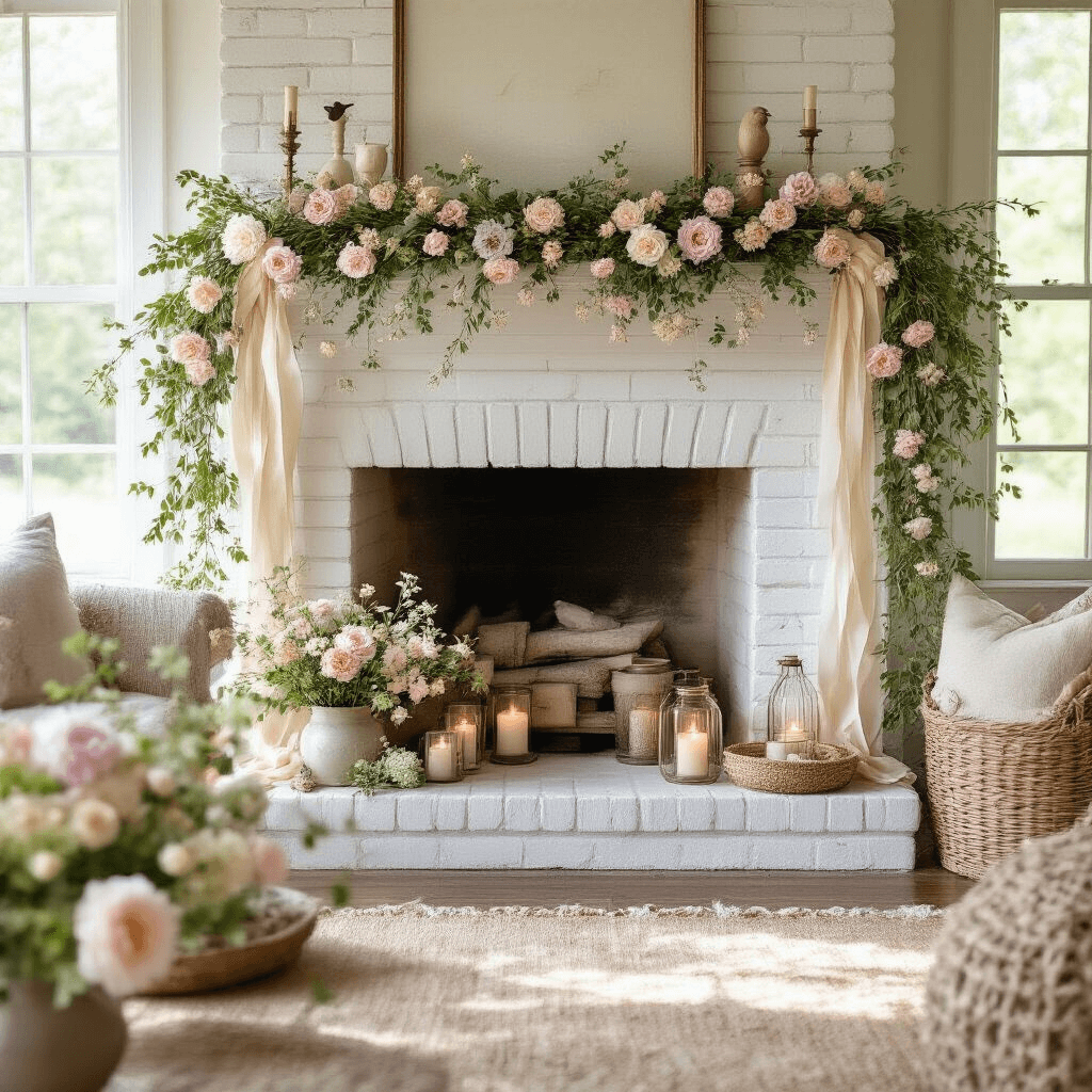 Mastering the Art of Mantle Garland: Your Ultimate Styling Guide A cozy farmhouse living room featuring a white brick fireplace adorned with a spring garland of pastel flowers and greenery, complemented by cream and sage ribbons, vintage brass accents, and warm candlelight, showcasing a cottage-core aesthetic.