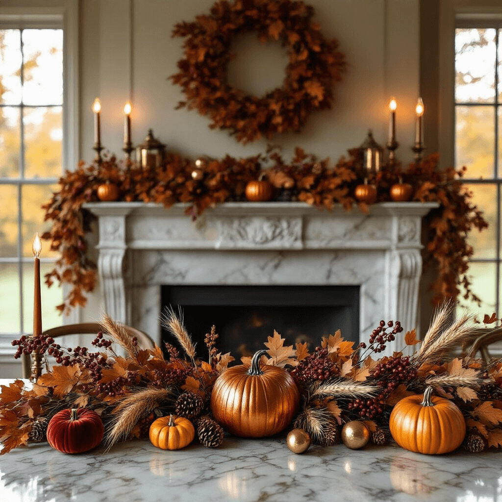 Mastering the Art of Mantle Garland: Your Ultimate Styling Guide Elegant formal dining room with grand marble mantle adorned in fall garland, featuring rich terracotta and burnt orange tones, warm Edison bulb lighting, amber glass vessels, and velvet pumpkins, set against deep navy walls and a crystal chandelier.