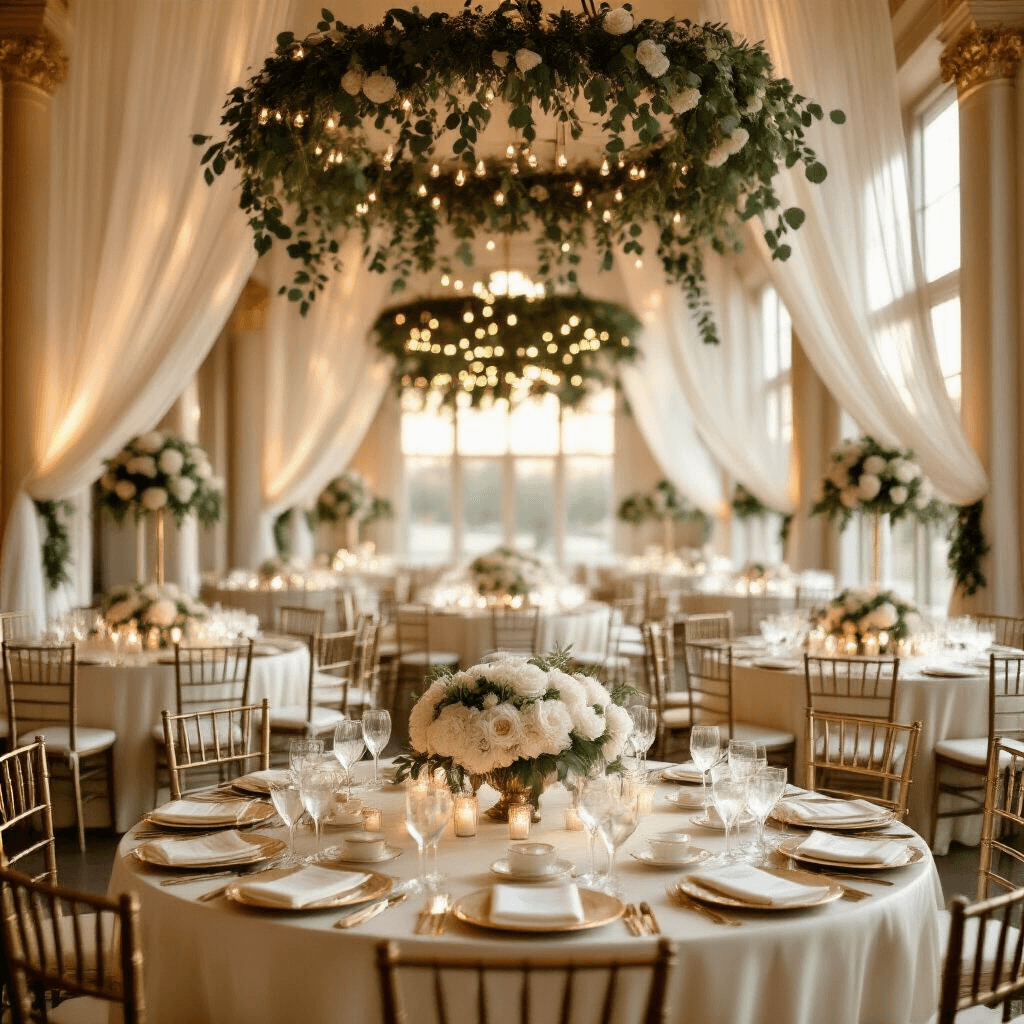 Wide-angle shot of an elegant ballroom decorated for a wedding reception, featuring ivory silk-draped tables, eucalyptus and white rose garlands, warm fairy lights, gold-rimmed glassware, and soft natural light filtering through sheer curtains.