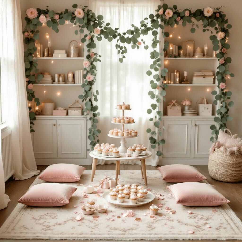 Intimate flat lay of a cozy living room baby shower, featuring blush pink cushions, cream Persian rug, adorned bookshelves with eucalyptus garlands and pastel flowers, illuminated by string lights, with tiered cake stands and scattered confetti, all under soft morning light.