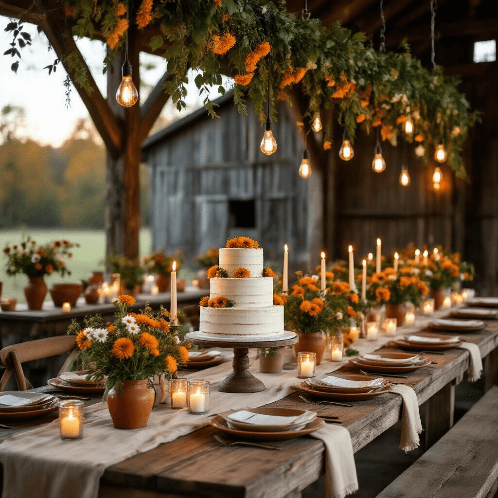 Cinematic wide shot of a rustic barn birthday celebration, featuring long wooden tables with terracotta and cream linens, greenery garlands, marigolds, daisies, Edison bulb lights, mismatched ceramic plates, mason jar wildflower centerpieces, and a three-tier naked cake on a reclaimed wood stand, all under warm candlelight creating a cozy autumn atmosphere.