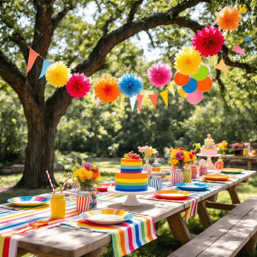 A vibrant backyard children's party featuring colorful picnic setups, tissue paper flower garlands, fabric bunting, and a cheerful rainbow cake, all under dappled sunlight filtering through oak trees.