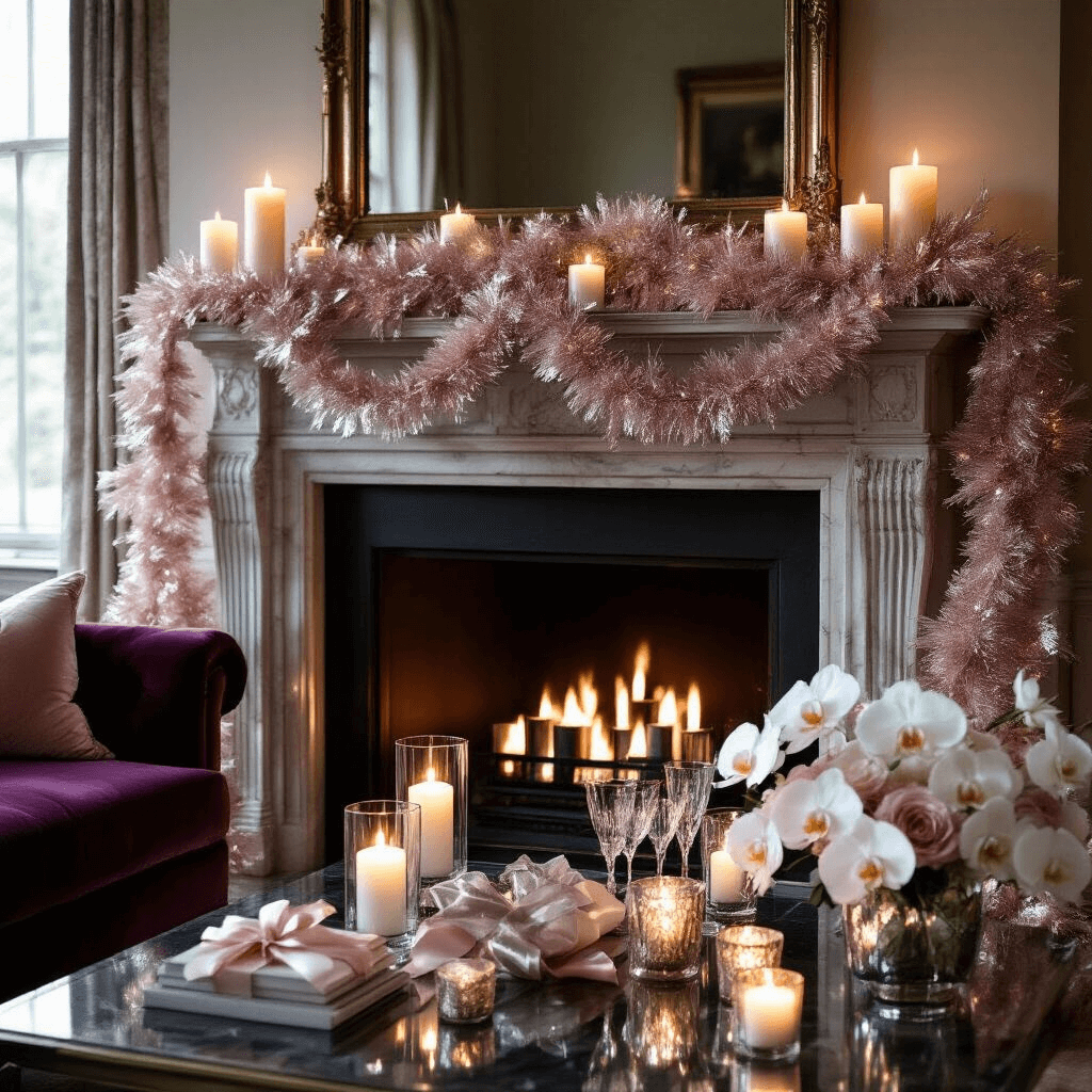 Moody candlelit scene featuring a luxurious fireplace mantel adorned with layered silver and blush pink tinsel garland, illuminated by clusters of pillar candles, showcasing silk ribbon, fresh white orchids, and crystal votives, complemented by plush velvet cushions in deep jewel tones and an elegant glass coffee table with party favors and champagne flutes.