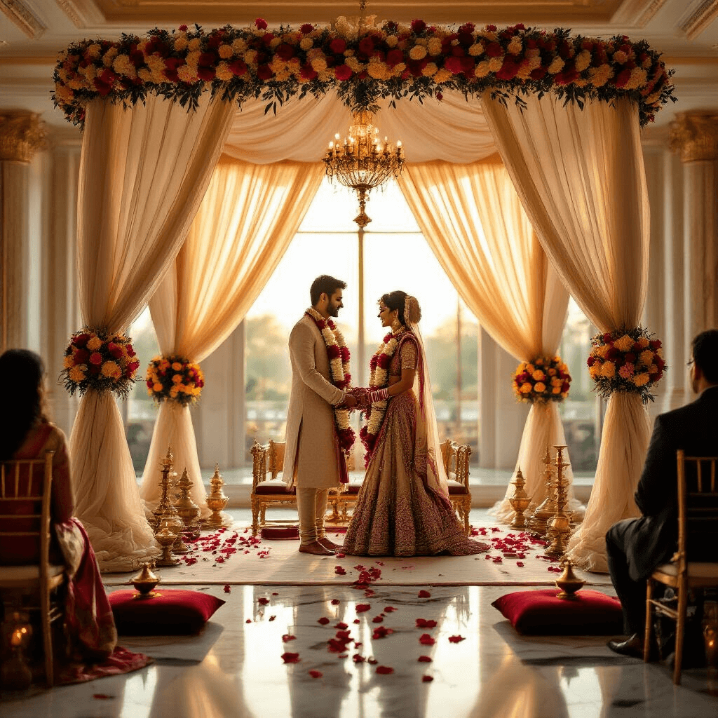 Photorealistic wide-angle shot of an elegant Indian engagement ceremony in a luxurious ballroom, illuminated by soft natural light through tall windows, featuring a couple exchanging rose garlands under a beautifully decorated mandap with silk draping, surrounded by floral arrangements and warm brass accents.