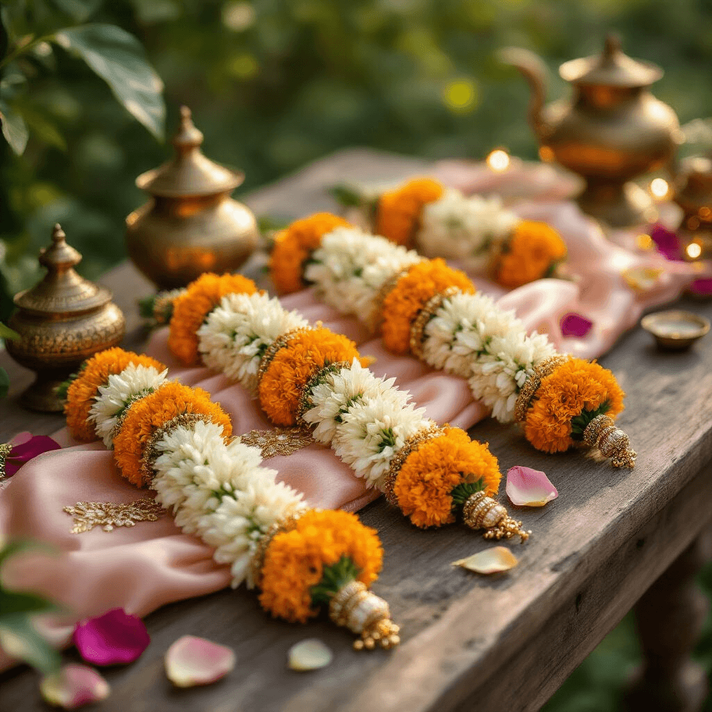 Cinematic close-up of intricately crafted marigold, jasmine, and rose engagement garlands on a rustic wooden table, surrounded by blush pink and cream silk fabric, fresh flower petals, and ornate brass vessels, with soft morning light filtering through greenery and fairy lights adding a whimsical sparkle.