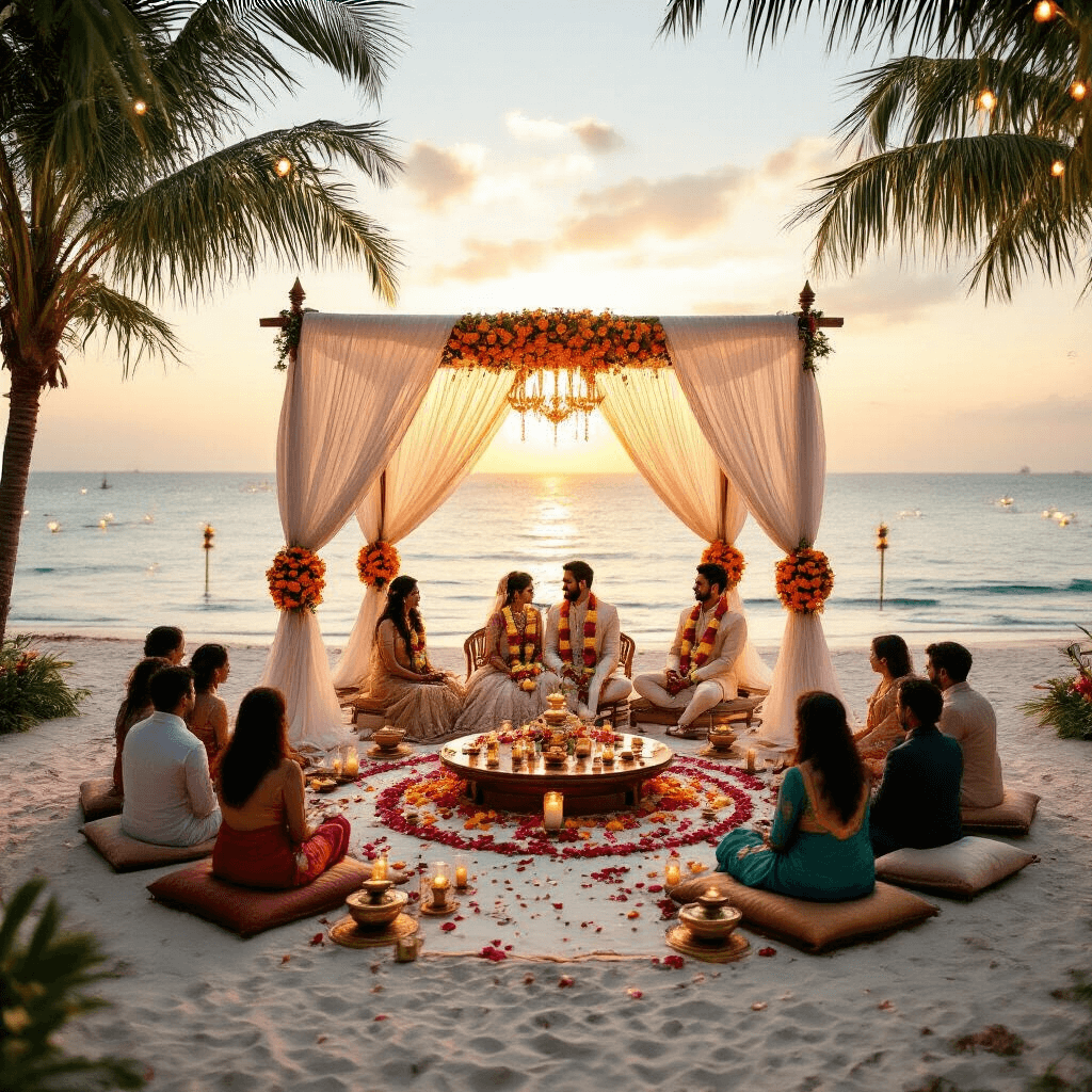 Overhead view of a luxurious beachfront engagement ceremony at golden hour, featuring a beautifully styled mandap with white silk draping and marigold decorations, round seating with low wooden tables and brass centerpieces, plush floor cushions, and a tropical backdrop with palm fronds and twinkling string lights.