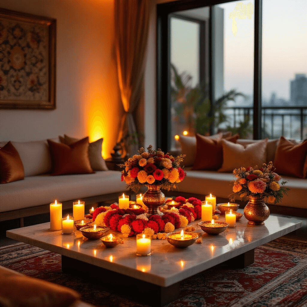 A cozy modern apartment transformed for an engagement celebration, featuring warm candlelight, a low marble coffee table adorned with colorful engagement garlands, layered Persian rugs, silk throw pillows, and reflections from floor-to-ceiling windows, blending contemporary and traditional elements.