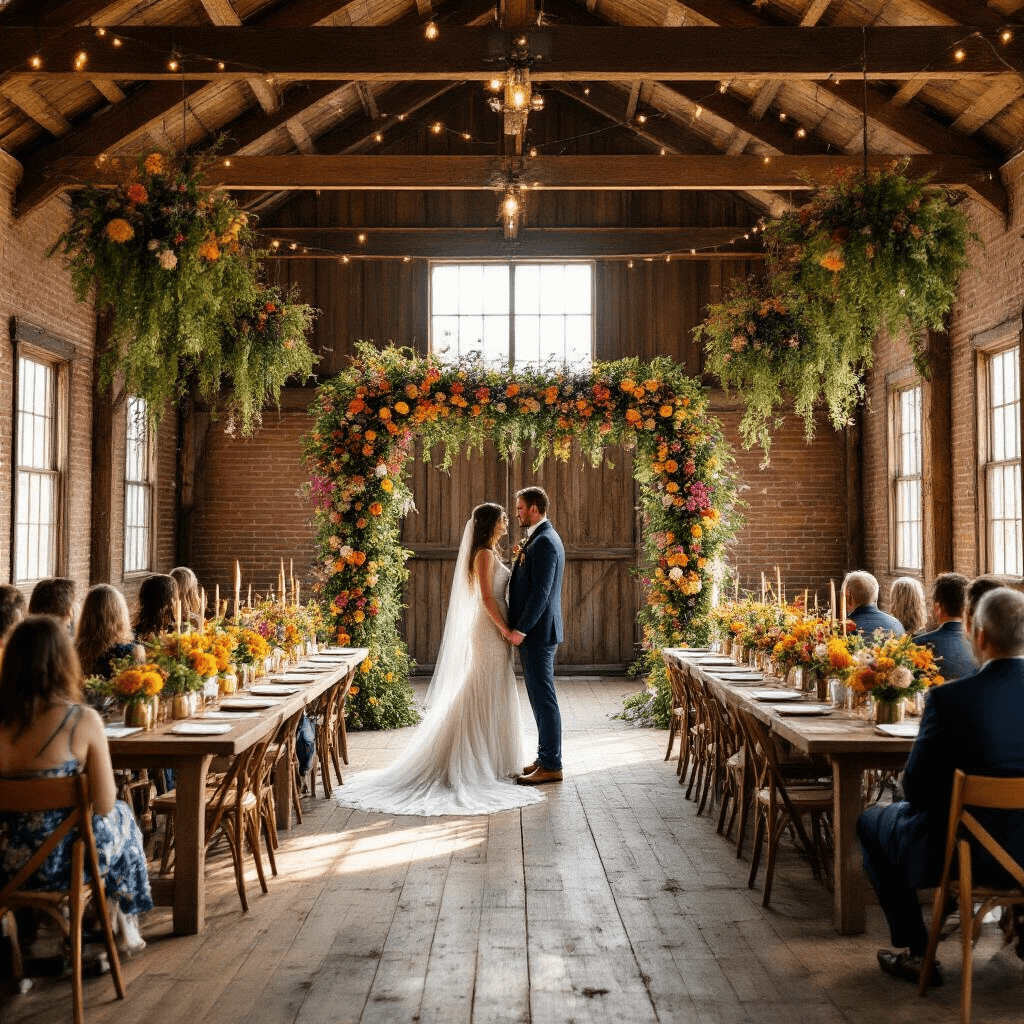 A whimsical rustic barn engagement ceremony with long wooden tables adorned with vibrant floral garlands, mason jars of marigolds, and vintage brass candlesticks, under natural sunlight and fairy lights, featuring a couple beneath a floral arch, surrounded by guests in mismatched chairs on a flower-petal-strewn floor.