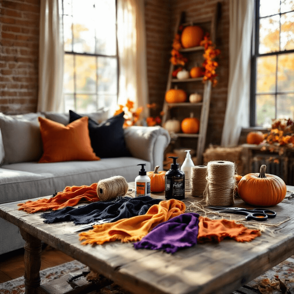 Wide-angle shot of a cozy Halloween-themed living room with a rustic wooden coffee table covered in colorful fabric scraps, jute twine, craft scissors, and Mod Podge bottles, featuring warm autumn lighting, pumpkins, and a partially completed garland draped from a vintage ladder against exposed brick walls.
