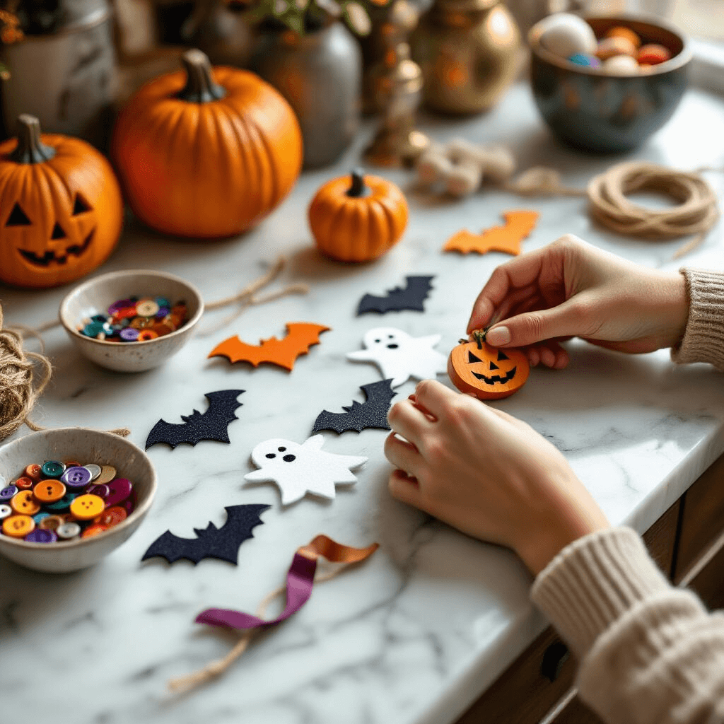 Close-up detail shot of hands assembling a Halloween garland on a marble countertop, featuring wooden pumpkin cutouts, glittery bats, felt ghosts, and rich jewel-toned fabric strips, with warm golden hour lighting illuminating the organized crafting workspace.