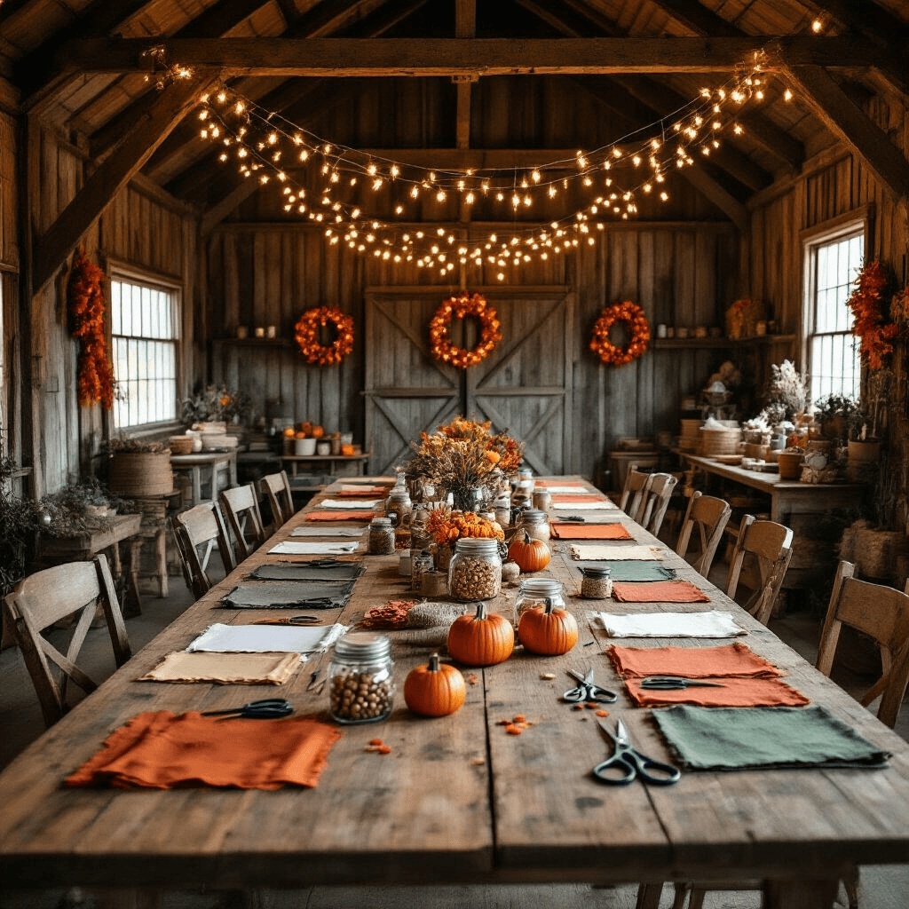 Overhead view of a rustic barn interior set up for a Halloween garland crafting workshop, featuring long wooden tables with organized supplies in autumn colors, string lights, and mason jars filled with decorative elements, creating a warm and inviting atmosphere.