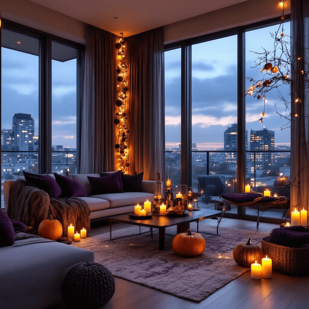 Wide-angle view of a contemporary apartment living space decorated with handmade DIY Halloween garlands in deep plum, charcoal, and metallic gold, illuminated by soft candlelight and city lights, highlighting the elegant contrast between the decor and modern furniture.