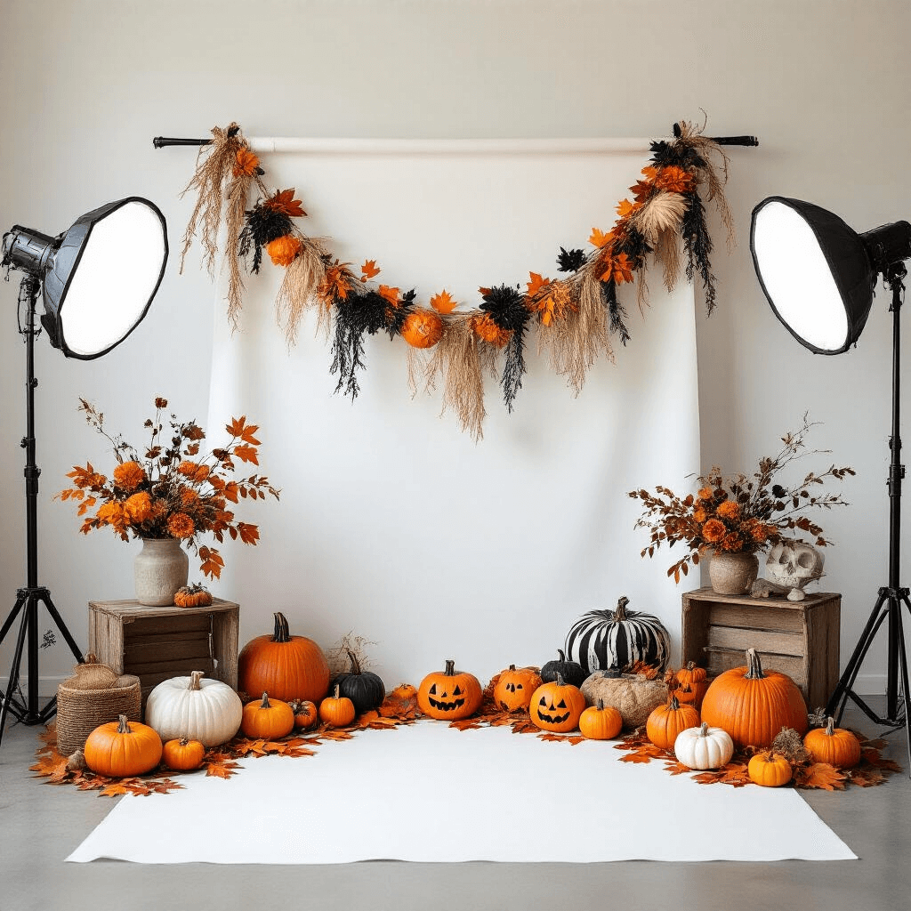 Styled Halloween garland photo shoot in a bright studio, featuring various garland designs on a white backdrop, with professional lighting. Includes boho, minimalist, and classic themes, accented by vintage props, pumpkins, and autumn leaves for seasonal decor.