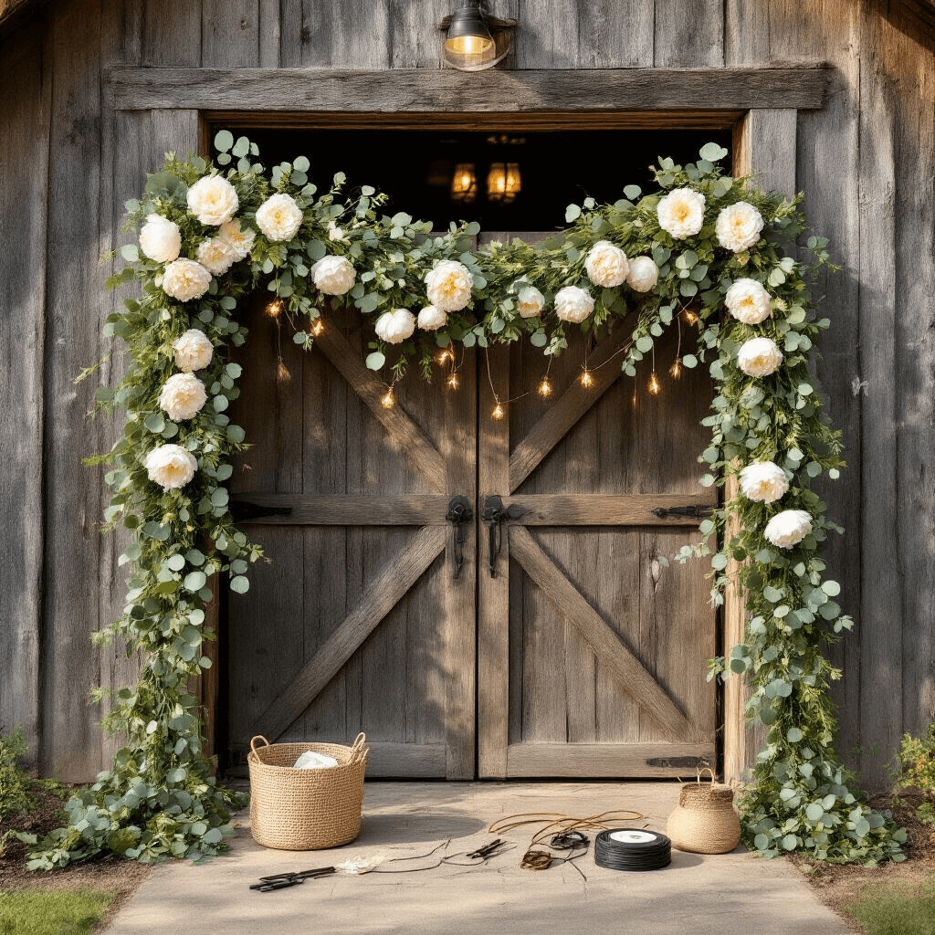 Overhead flat lay of doorway garland installation on a rustic wooden barn entrance, featuring eucalyptus branches, silk white peonies, and trailing ivy, with installation tools like command hooks and floral wire, illuminated by morning sunlight.