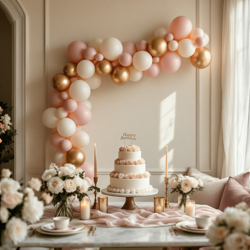 Intimate birthday party setup in a cozy living room featuring a balloon garland in blush pink, ivory, and gold, a marble-topped console with a tiered birthday cake, paper flowers, and candles, bathed in soft afternoon sunlight.