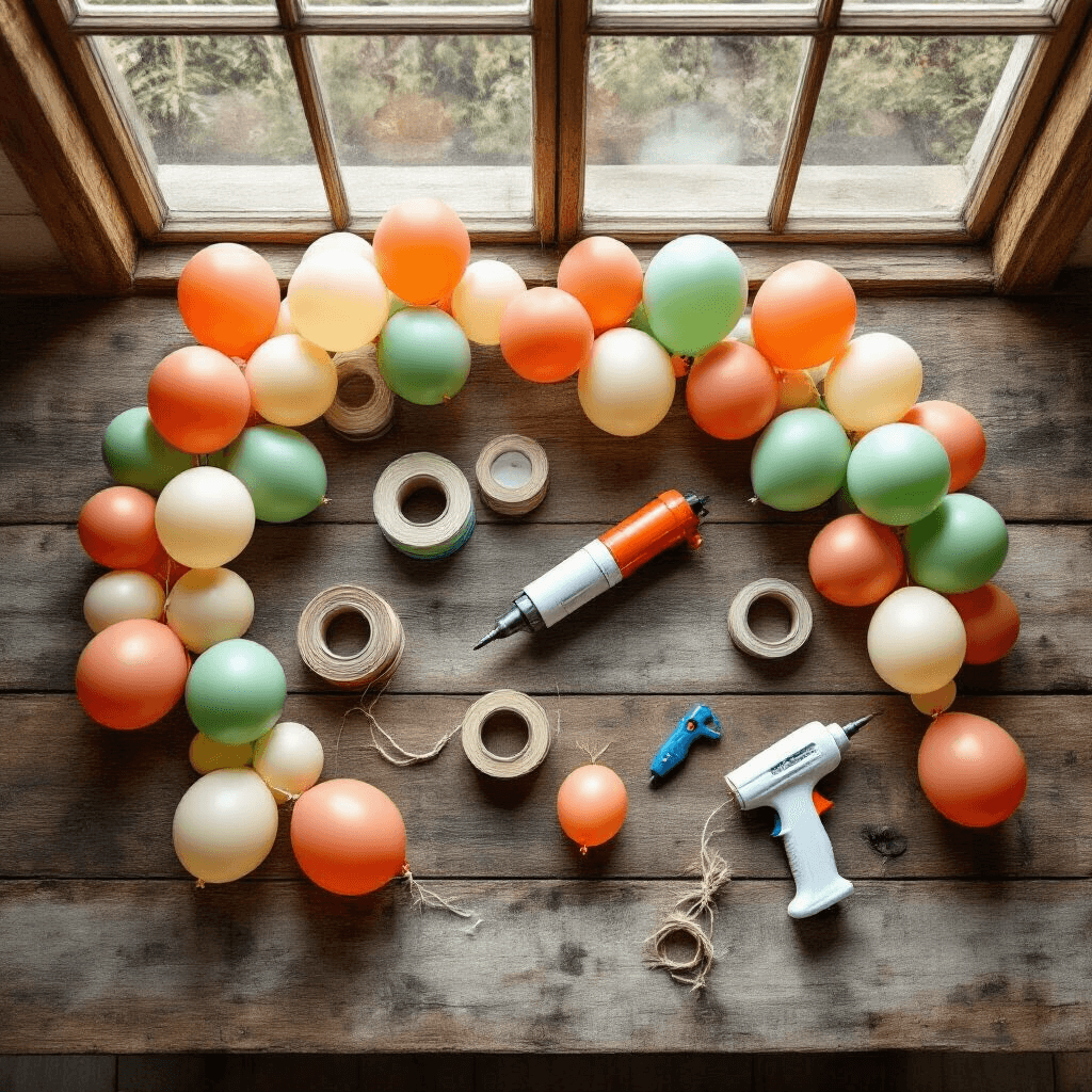 Overhead flat lay of balloon garland creation tools on a rustic wooden farmhouse table, featuring an electric balloon pump, terracotta, sage green, and cream balloons, along with balloon tape, fishing line, a low-temp glue gun, command hooks, and balloon clusters, all illuminated by natural morning light.