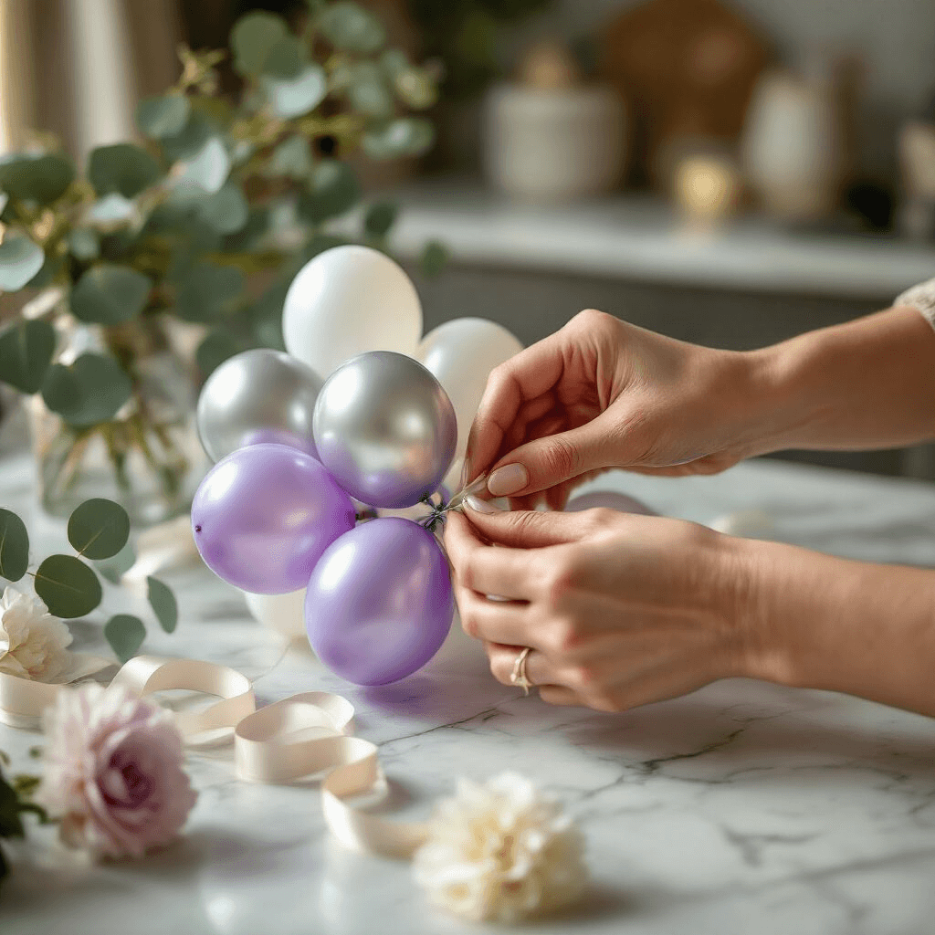 Close-up of hands assembling balloon clusters using the balloon tape method, featuring lavender, silver, and white balloons. Soft golden hour lighting highlights the intricate process, with a modern apartment background of marble countertops and eucalyptus, alongside silk ribbons and paper flower accents.