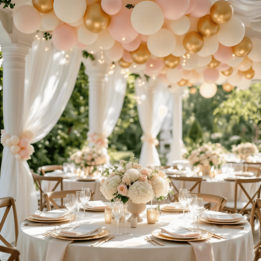 Elegant baby shower setup in a sunlit garden pavilion, featuring pastel balloon garlands, flowing silk table linens, low floral centerpieces, and twinkling fairy lights, creating a dreamy and whimsical atmosphere.