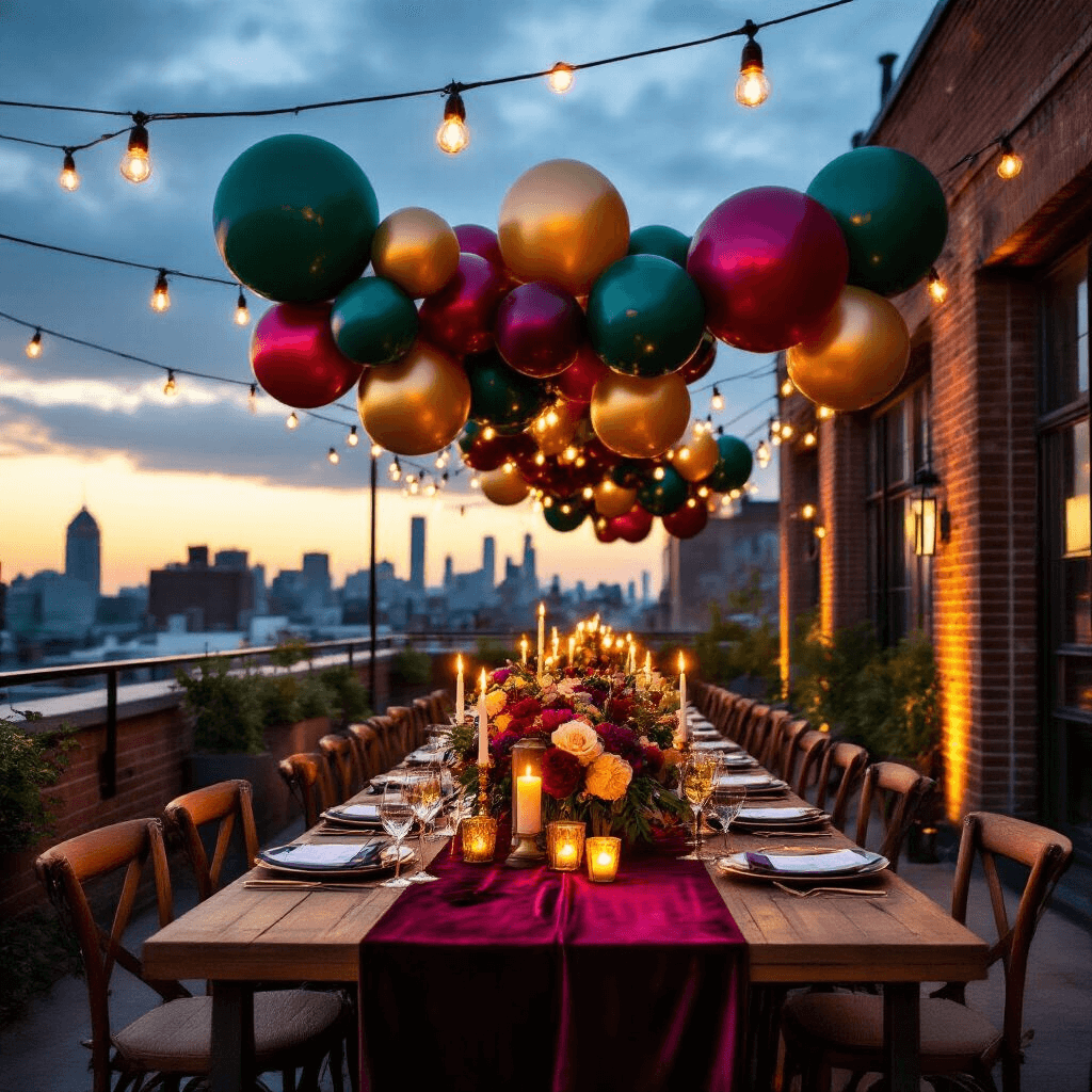 Moody photograph of an elegant rooftop dinner party, featuring dramatic balloon garlands in jewel tones, warm fairy lights, and candles, with long wooden tables adorned with velvet runners and floral arrangements against an urban backdrop.