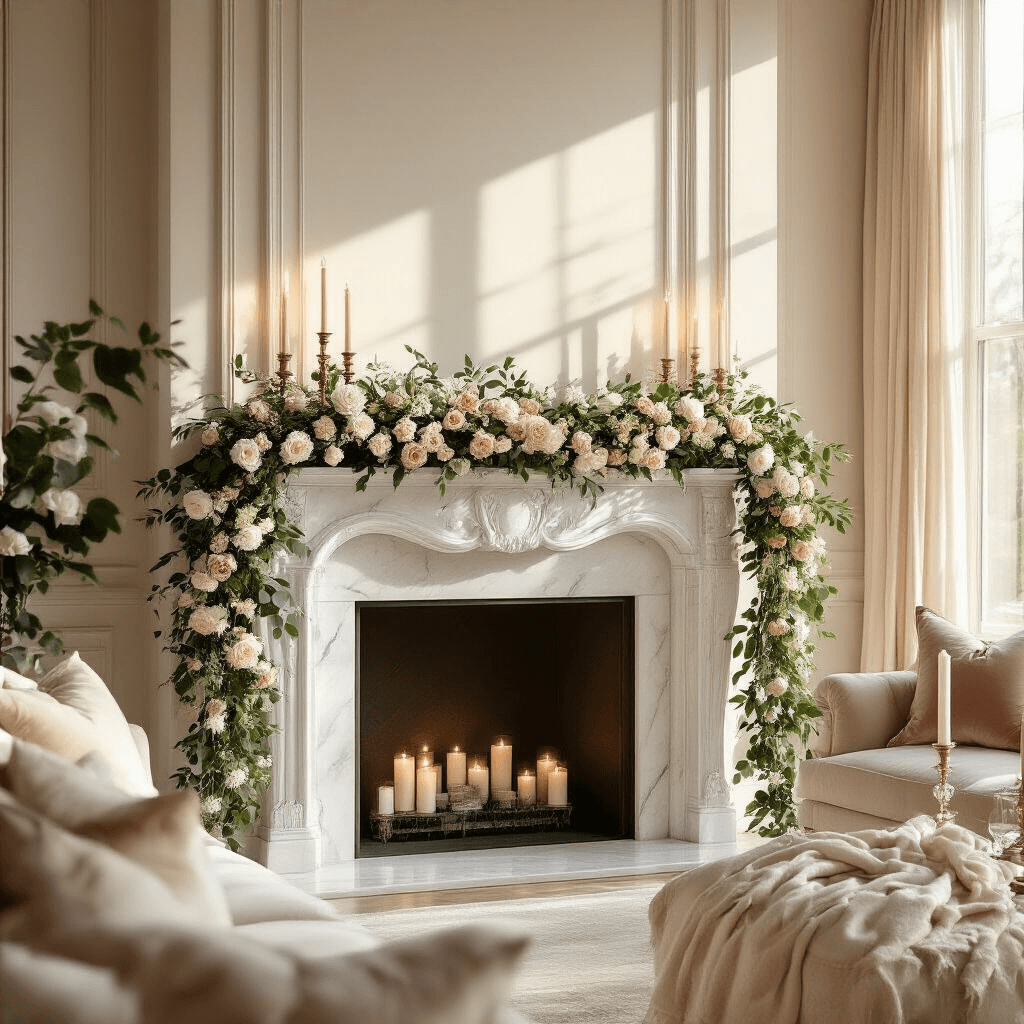 Photorealistic wide-angle view of an elegant living room with a white marble mantel adorned with a silk garland of eucalyptus, white roses, and baby's breath, basking in golden hour sunlight. Rich mahogany furniture, velvet cream cushions, and crystal candlesticks create a warm, sophisticated ambiance.