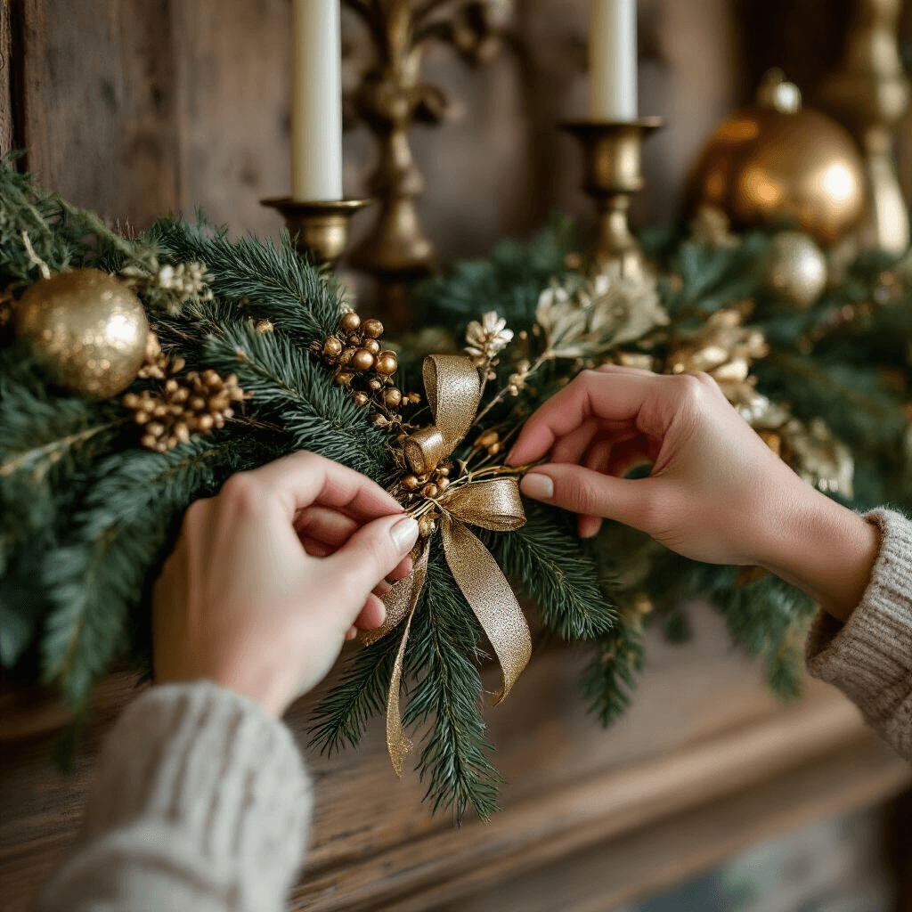 Cinematic close-up of hands arranging a luxurious holiday garland on a rustic wood mantel, illuminated by soft morning light, featuring fresh pine branches, floral wire, and metallic gold ribbon, with vintage brass candlesticks and mercury glass ornaments in the background.