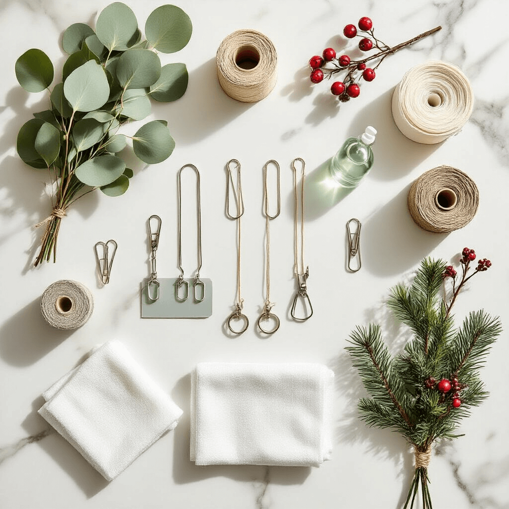 Overhead flat lay of garland hanging supplies on a white marble countertop, featuring removable adhesive hooks, floral wire, paperclips, rubbing alcohol, and microfiber cloths, alongside fresh eucalyptus, pine, and berry samples, all in a sage green and cream color palette with metallic silver accents.