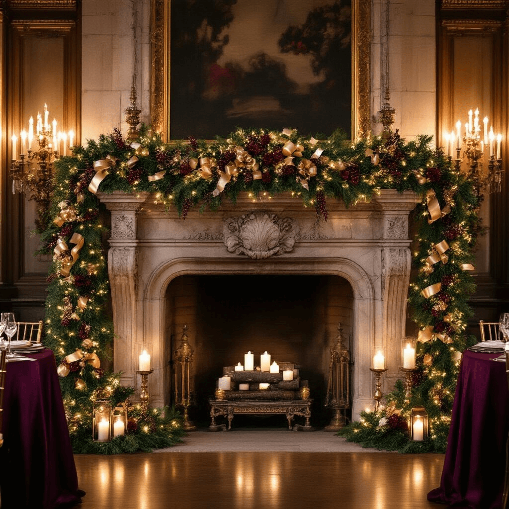 Elegant ballroom adorned for the holidays, featuring a grand stone mantel decorated with layered garlands, twinkling fairy lights, and candelabras, all set against rich burgundy and gold decor.
