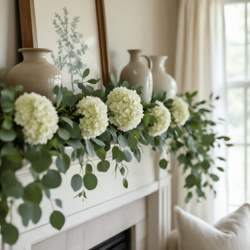 A cozy cottage living room mantel decorated with a minimalist garland of fresh eucalyptus and white hydrangeas, illuminated by soft afternoon light filtering through sheer white curtains, featuring a palette of sage green, cream, and natural wood tones, with rustic ceramic vases and vintage brass accents.
