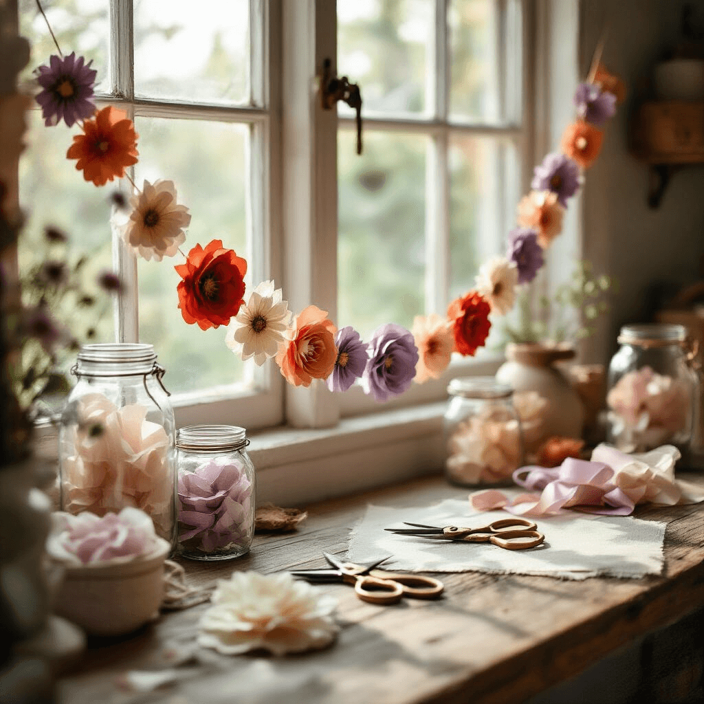 Cinematic close-up of a cozy crafting nook featuring a DIY paper garland with delicate terracotta and lavender flowers, vintage brass wire cutters, and an organized tableau of crafting supplies illuminated by soft morning light.