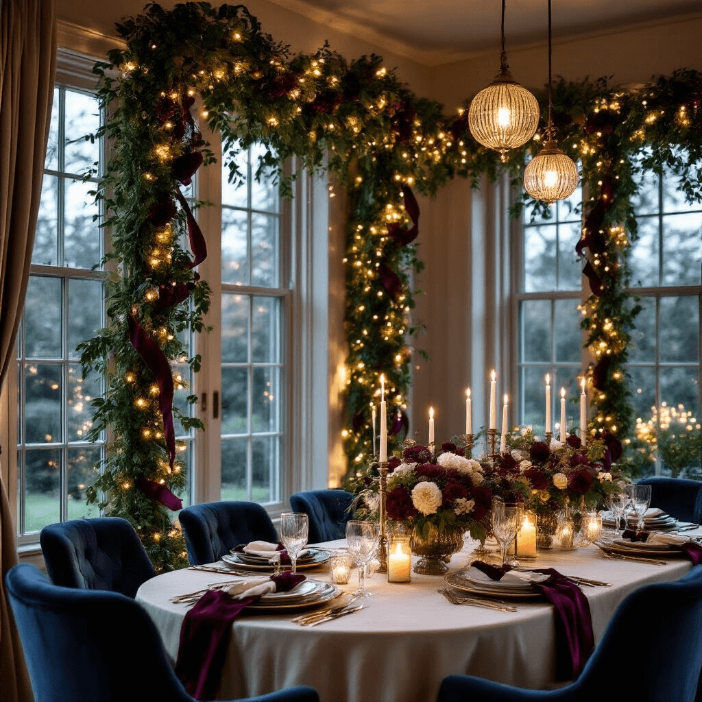Moody evening dining room with dramatic jewel-toned garlands illuminated by fairy lights and candles, featuring floor-to-ceiling windows, plush navy velvet chairs, and a sophisticated ambiance perfect for intimate gatherings.