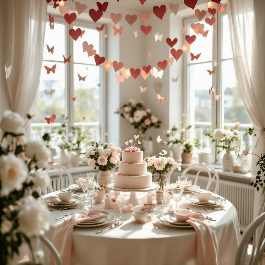 Photorealistic wide-angle shot of an elegant indoor birthday party in a modern apartment, featuring a round white dining table with vintage ceramics, crystal glassware, a tiered cake, and decorative paper garlands in blush pink and cream, illuminated by soft afternoon light and fairy lights.
