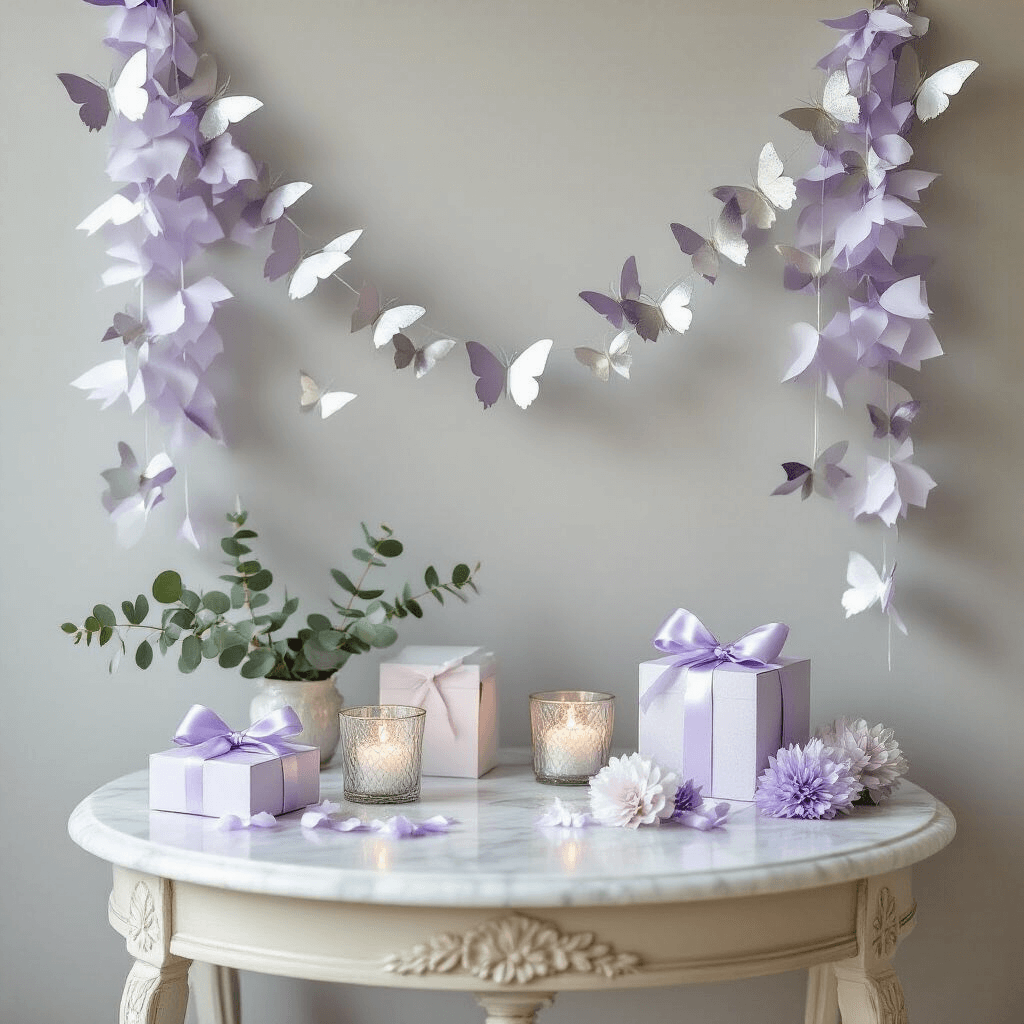 Elegant nursery celebration corner with handmade paper garlands in lavender and silver, illuminated by soft morning light. A marble-topped side table displays layered decorations including silk ribbons, glass votive candles, personalized favor boxes, and fresh eucalyptus, all enhancing the serene atmosphere.