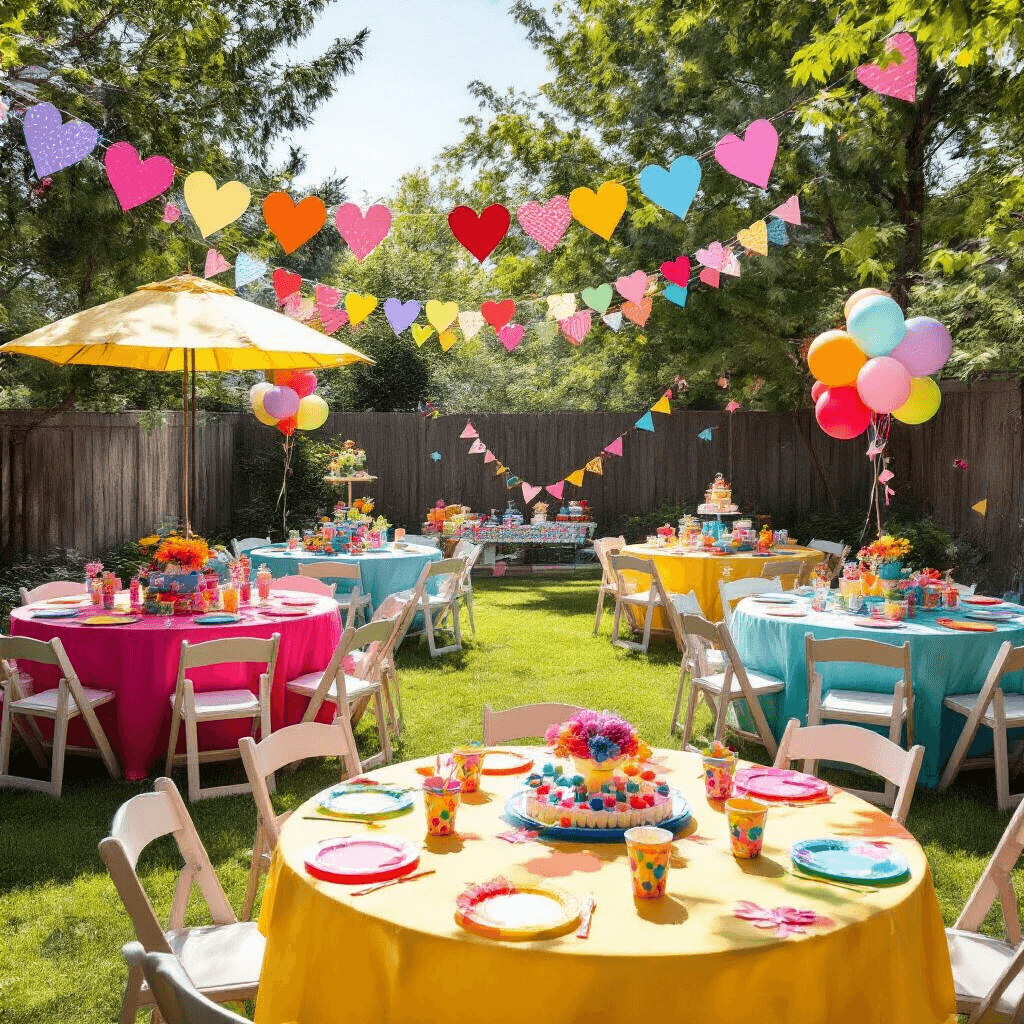 A vibrant backyard children's party featuring colorful tables and elaborate DIY paper garlands, with balloons, streamers, and a decorated cake, all under bright midday sunlight.