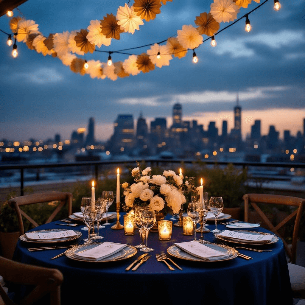 Intimate rooftop dinner party at dusk, featuring a small round table for four draped in deep navy silk linens, adorned with gold-rimmed glassware and ceramic plates. Handcrafted paper garlands in gold and ivory hang amidst twinkling string lights, casting a romantic ambiance against the city skyline. Tall pillar candles in glass hurricanes and low floral arrangements with white roses enhance the luxurious setting, while elegant paper menu cards complete the scene. The image captures the warm glow of candlelight contrasting with the deep evening sky.