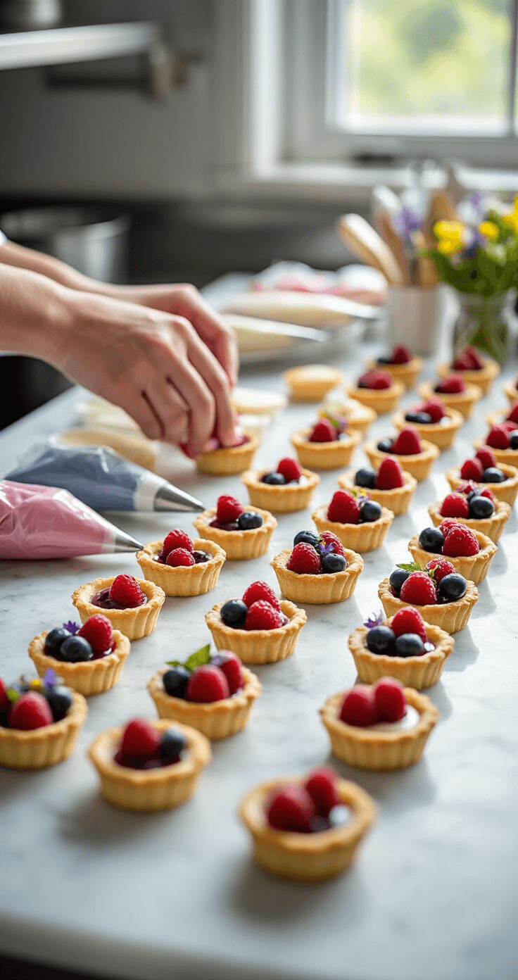 Close-up of a pastry kitchen workspace with hands assembling colorful dessert shooters, rows of mini tarts with fresh berries, natural light highlighting the detail work, and organized piping bags and garnishes.