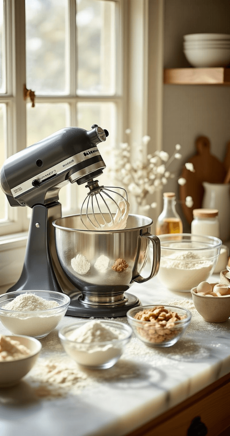 A sunlit kitchen showcasing an artisanal cookie preparation scene with a vintage KitchenAid mixer, glass bowls of ingredients, and flour dust illuminated by natural light.