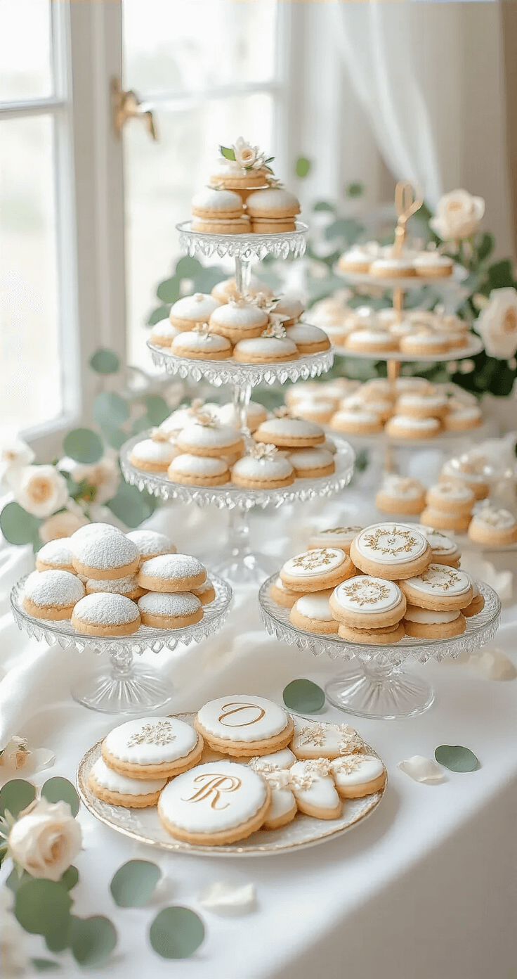An elegant display of decorated wedding cookies on a white-clothed table, featuring various pastel-colored cookies on crystal cake stands, adorned with metallic gold accents, royal icing patterns, and edible flowers, surrounded by rose petals and eucalyptus sprigs in soft, romantic lighting.