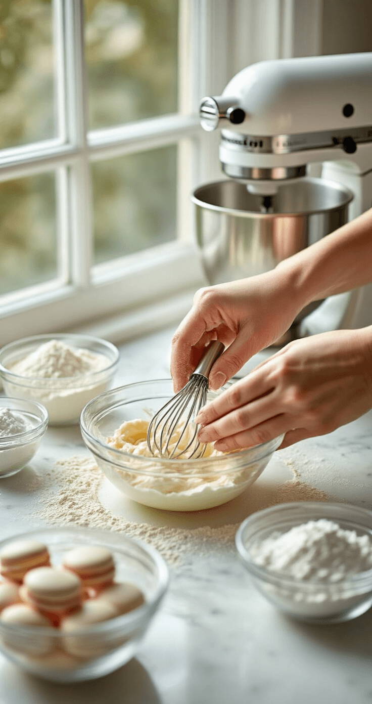 Close-up of hands folding meringue into almond mixture on a marble countertop, with clear glass bowls of ingredients and a stand mixer in soft natural light.