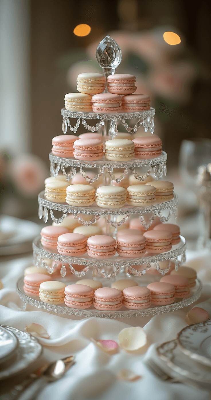 Elegant tiered crystal display stand filled with gradient wedding-colored macarons from blush pink to ivory, surrounded by scattered rose petals and edible gold dust, set on a baroque-style table with a white silk tablecloth and vintage silver accessories, featuring a soft bokeh lighting effect and a shallow depth of field highlighting the macarons' delicate 'feet'.