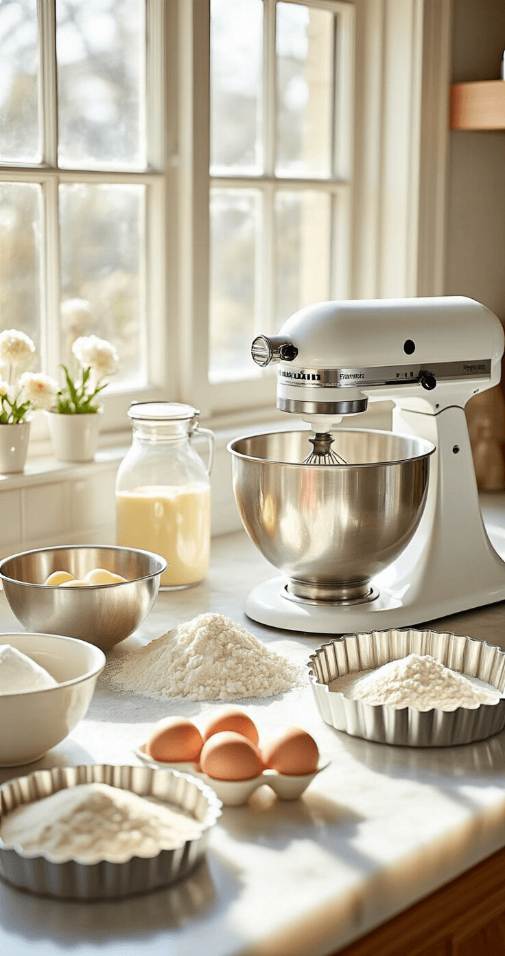 A sunlit kitchen workspace featuring arranged baking ingredients like sugar, eggs, butter, and flour, with stainless steel bowls and a stand mixer, casting shadows from elegant tart pans on a marble countertop.
