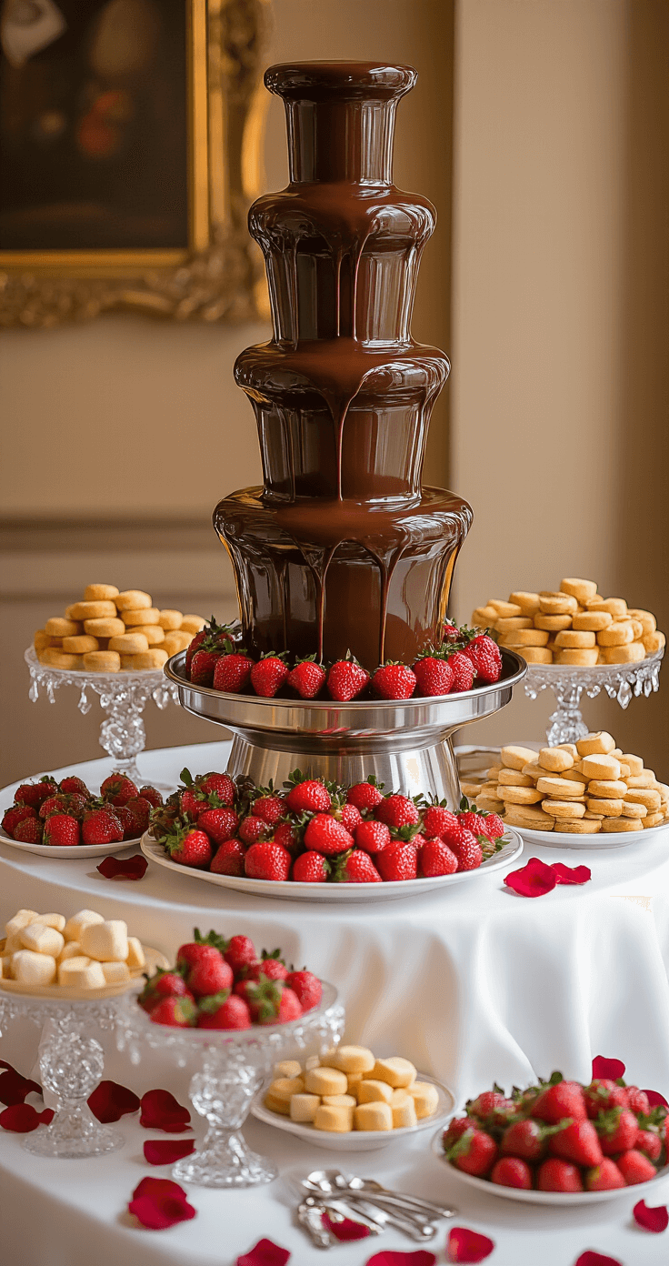 A luxurious 3-tier chocolate fountain with smooth, dark chocolate cascading down, surrounded by platters of strawberries, marshmallows, and cookies, set on an ornate table illuminated by warm lighting, adorned with crystal dishes and rose petals.