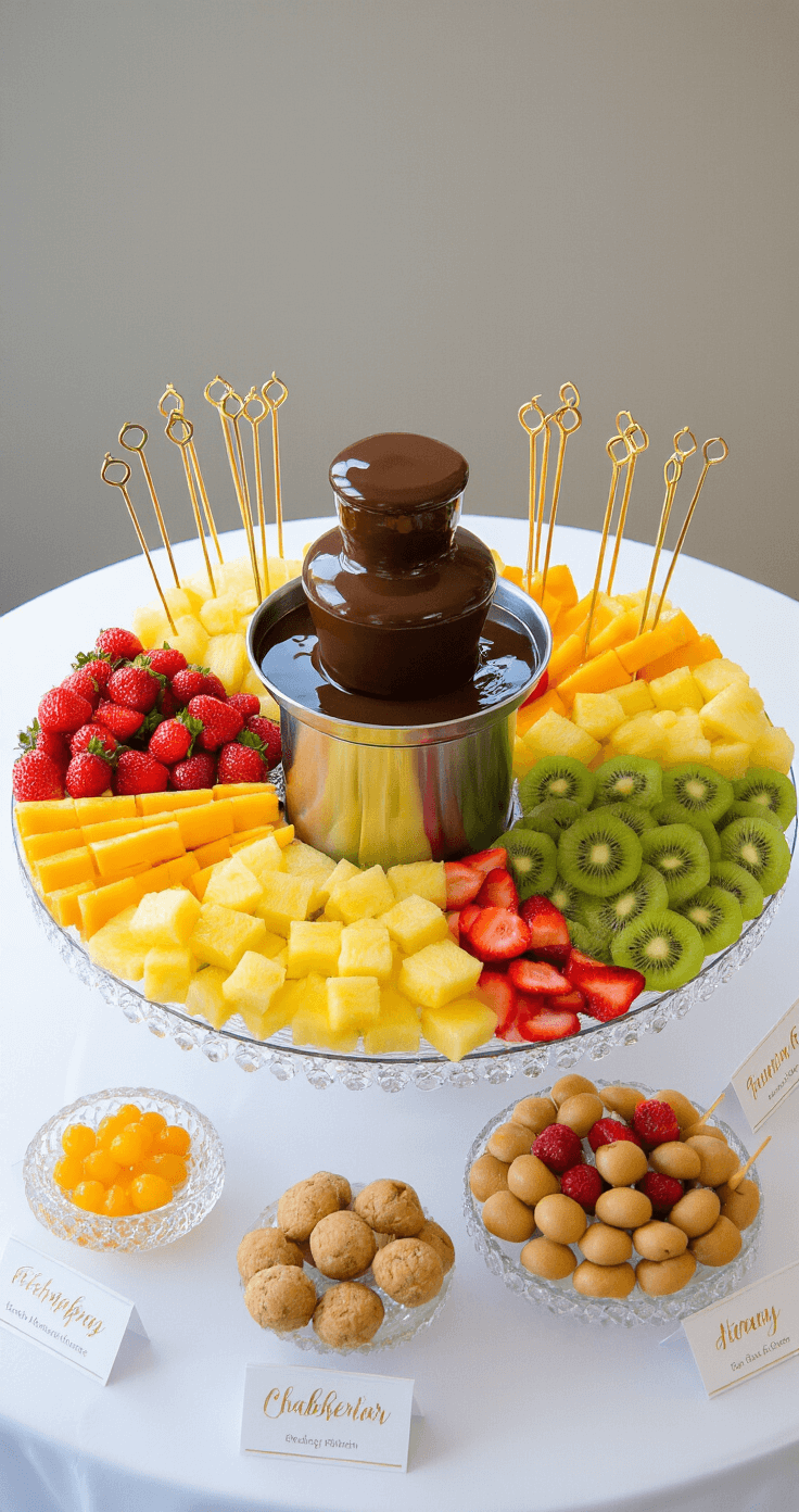 An overhead view of a beautifully arranged dipping station with a central chocolate fountain, surrounded by fresh fruit platters of strawberries, pineapple, and kiwi, elegant silver skewers in crystal holders, and soft LED uplighting on a white tablecloth.